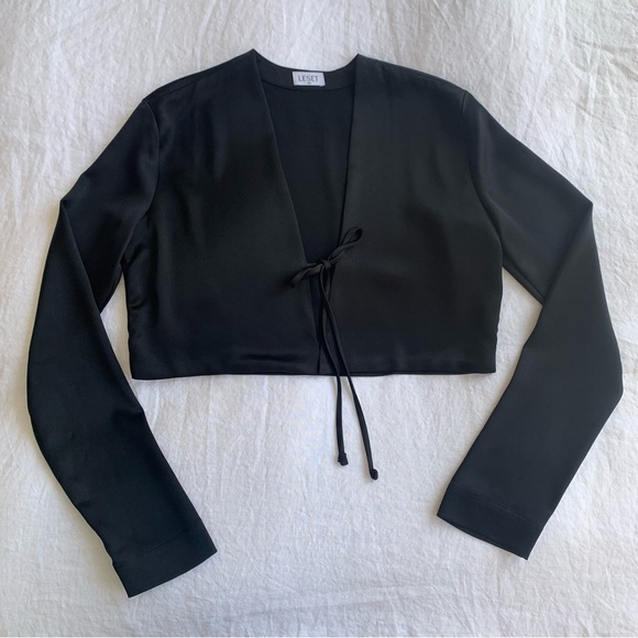 Leset Barb Satin Long Sleeve Open Tie Cropped Crop Blouse Top Black - Picture 5 of 11